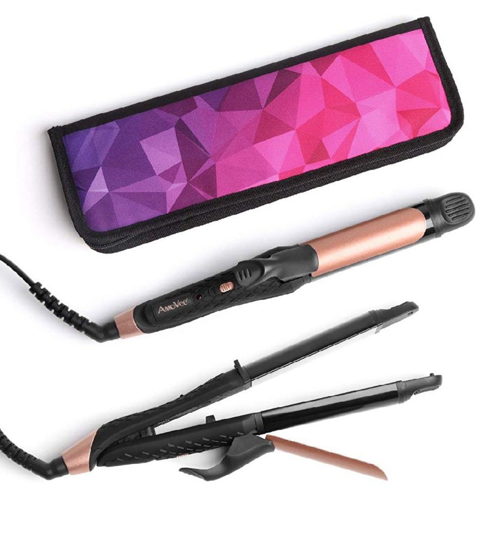 AMOVEE 2 in 1 Mini Flat Iron Curling Iron, Dual Voltage