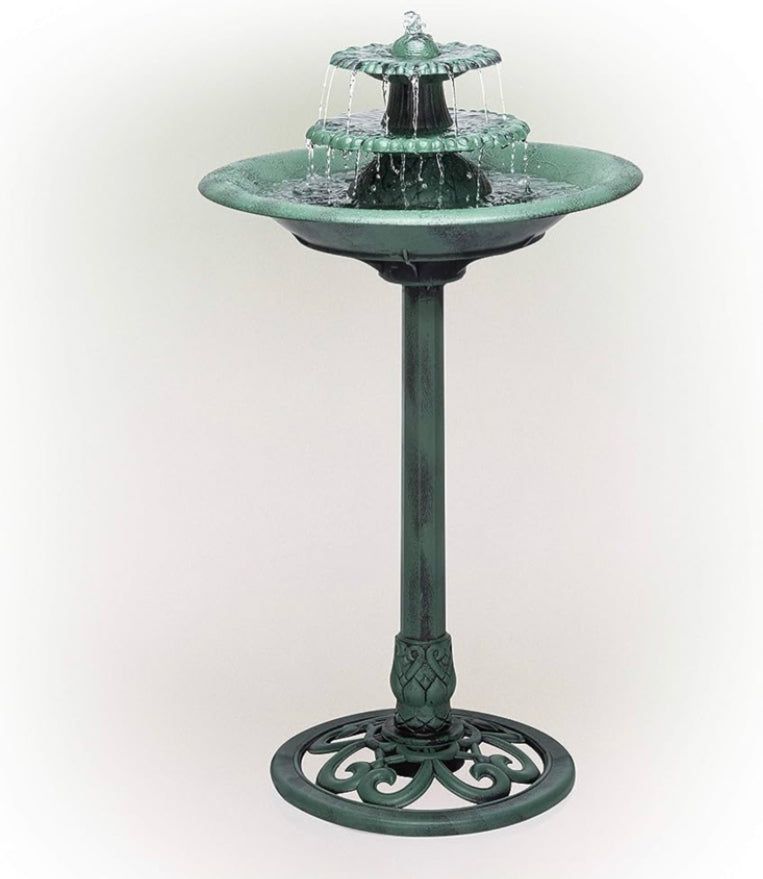 35" Tall Outdoor 3-Tiered Pedestal Water Fountain and Birdbath, Green