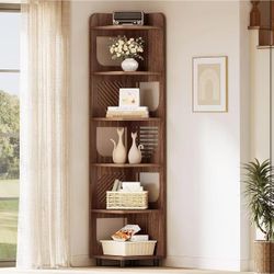 New assembled 6-Tier Tall Corner Shelf, 71-Inch Rustic Narrow Corner Bookshelf Bookcase with Square Rack, Freestanding Corner Display Storage Shelf Or