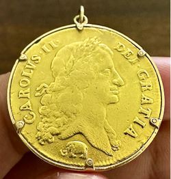 1664 Charles II Elephant Below 2 Guinea Gold Coin in 18k Bezel Pendant