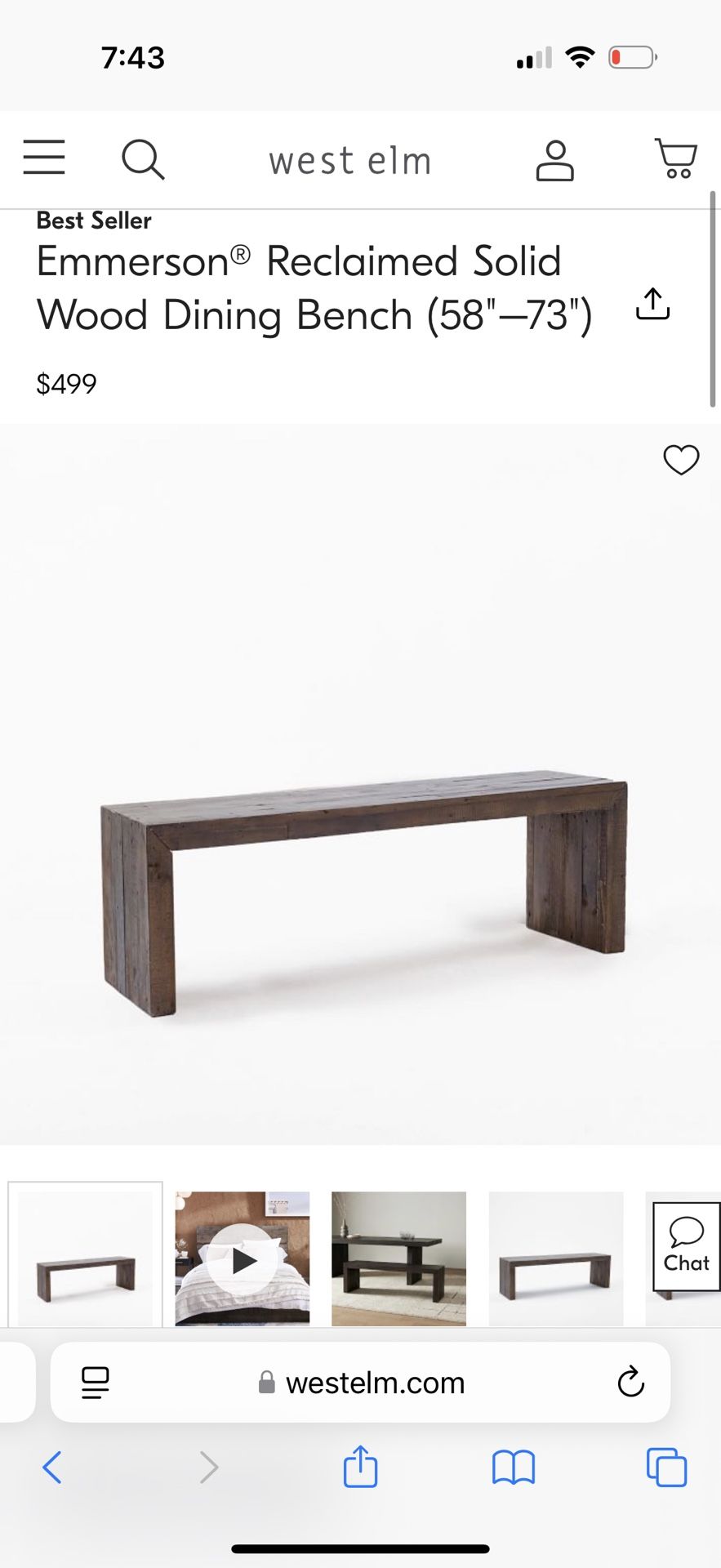Two West Elm Emerson Reclaimed Wood Benches