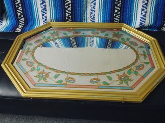 Vintage 1980's Faux Stained Glass Aplique Octagonal Wall Mirror Octagon 

Size Approx 30" w x 20" h