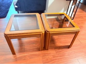 Set of 2 Small Wood & Glass Side Tables