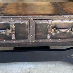 Wood Leather Chest Trunk Coffee Table 