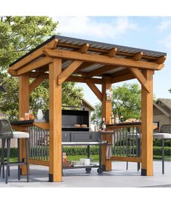 🔥Brand new 🔥 8' x 5' Cedar Wood Grill Gazebo with Slope Galvanized Steel Roof Hardtop BBQ Gazebo, Permanent Wooden Pavilion with 2 Metal Side Shelve