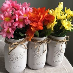 Distressed mason jar vases with silk flowers $13 for all 3