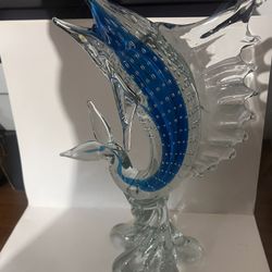 Vintage Murano Art Glass Large Swordfish Sculpture Stunning Clear & Aqua