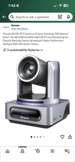 Tenveo 4K NDI PTZ Camera, AI Auto-Tracking, 20X Optical Zoom,