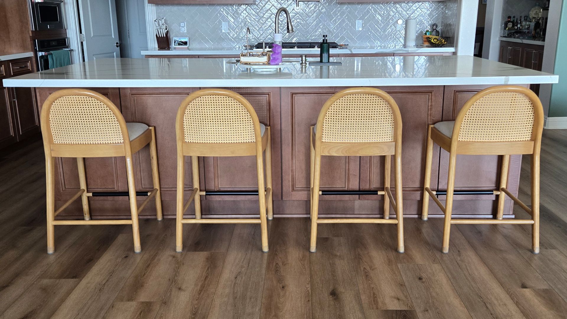 Set of 4 Cane Back Counter Stools – Natural Wood