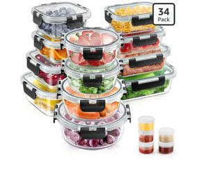 34pcs Glass Food Storage Containers with Lids Set, Airtight Meal Prep Containers (17 Containers & 17 Lids), Black