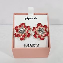 Hand Painted Red Floral Statement Earrings, Piper K, Crystal Center, Nickel Free