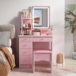 Pink  Vanity Desk with LED Lighted Mirror