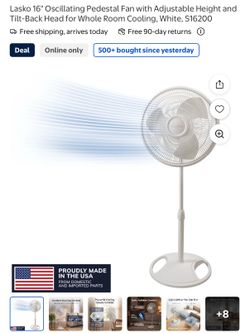 Lasko 16" Oscillating Pedestal Fan with Adjustable Height and Tilt-Back Head for Whole Room Cooling, White, S16500