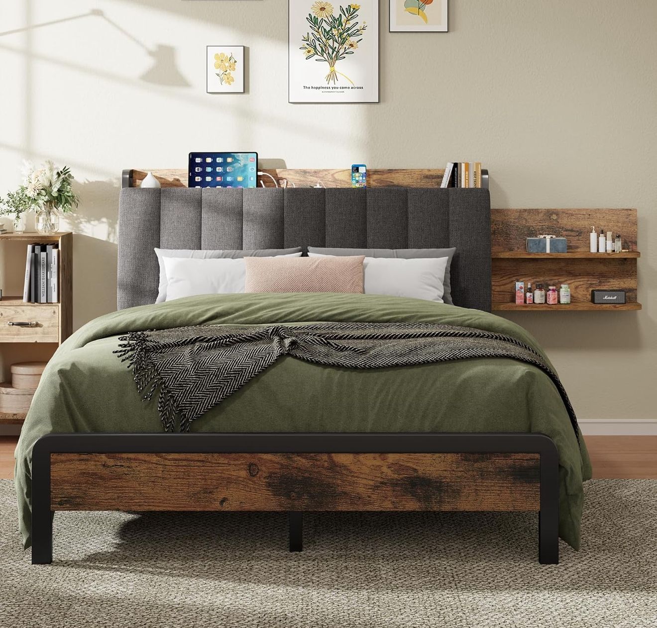 Feonase Full Size Bed Frame, 14.5 Inch Metal Platform Bed w/ 1 Hidden Storage Shelf, Ergonomic Upholstered Headboard with Outlets, No Box Spring Neede