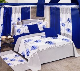 Blue Floral Bedding Set with Curtains