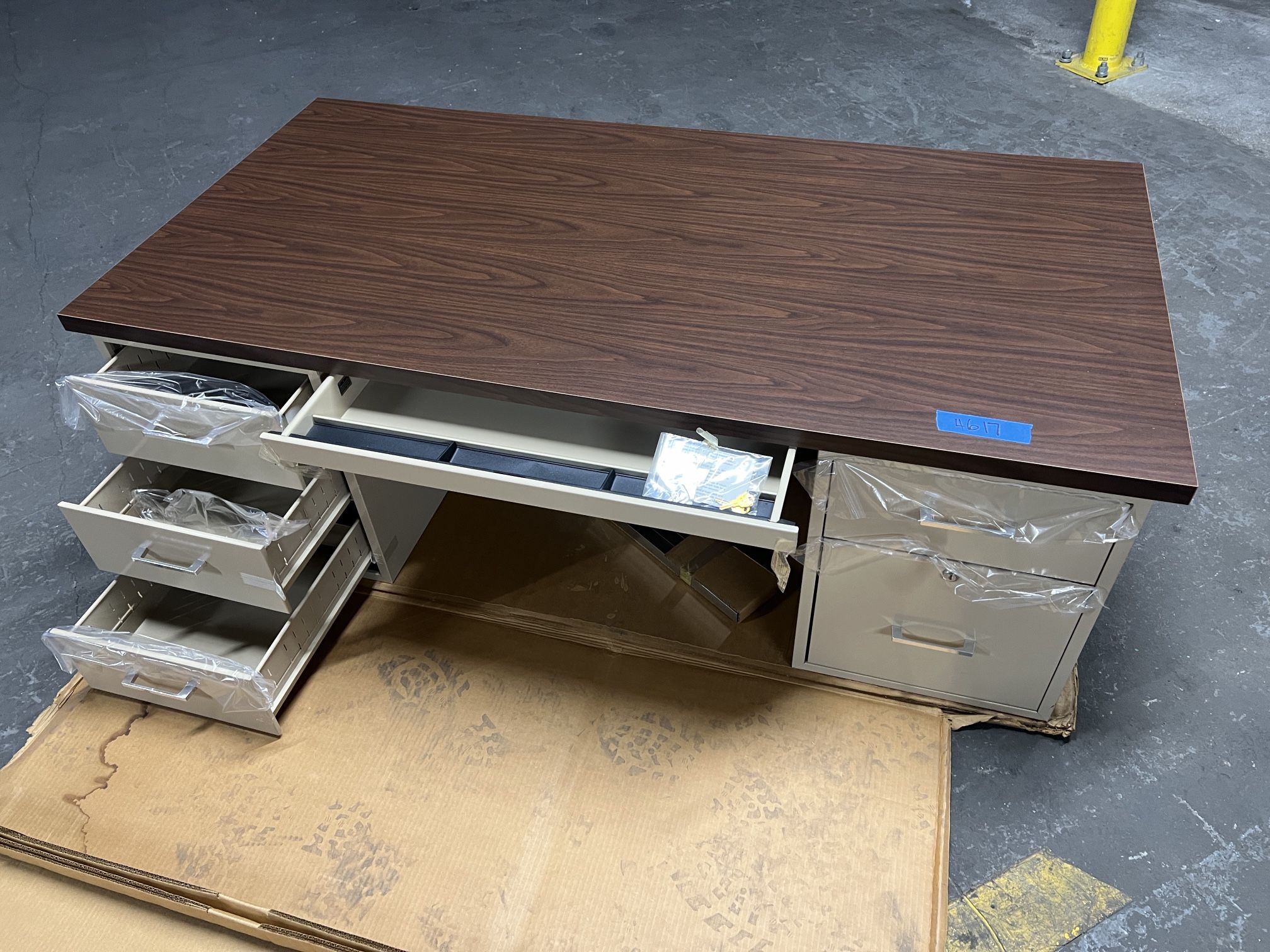 HON 60”x30” Double Pedestal Tropic Sand Metal Desk with Walnut Veneer Top