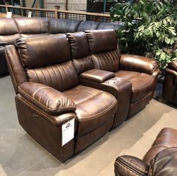 Brown High Performance Fabric Power / Manual Loveseat - Hampton 