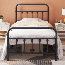 Twin Size Metal Platform Bed Frame with High Headboard and Footboard, All Ages, Black
