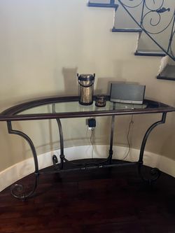 Ethan Allen Half-Moon Console Table — Glass, Wood & Wrought Iron
