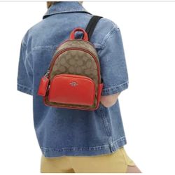 Coach NEW 2024 Mini Court Backpack Red Leather / Tan Signature Canvas CR285 $398