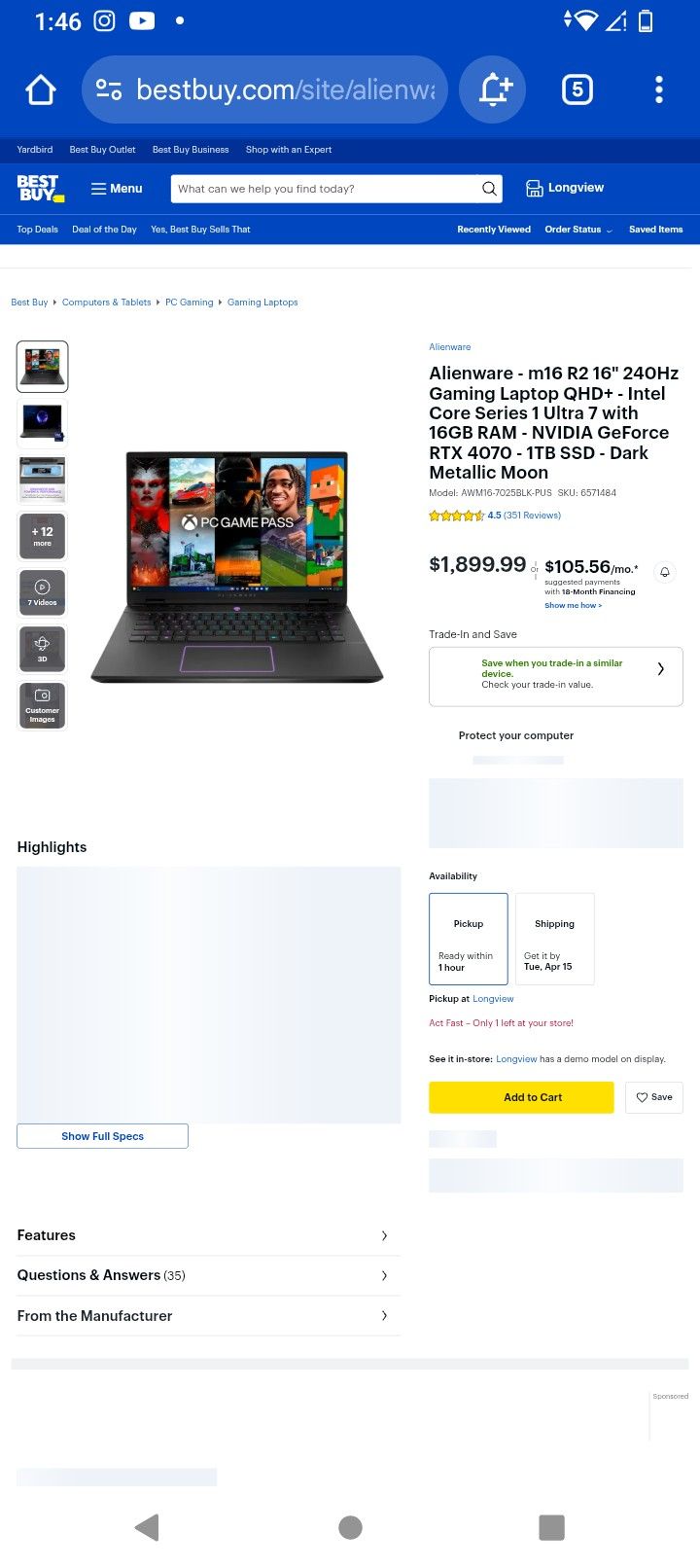Alienware M16 R2 Ultra 7, w/4070