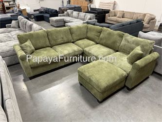 New Vintage Modern Classic Green Sectional Couch and Ottoman Set Corner Living Room Designer Style Sofa Many Colors Ivory White Beige Black Dark Gray 
