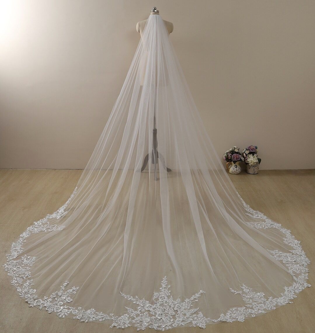 Flowery Wedding Cathedral Veil - 104" Soft Light Ivory Tulle with Lace Appliqué 