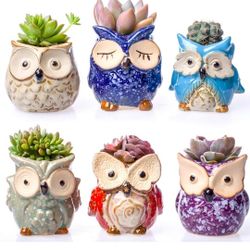 NEW! Owl Ceramic Succulent Pots  2.75" - 3.35" w/ Drainage holes, 6 piece set (plants NOT Included)