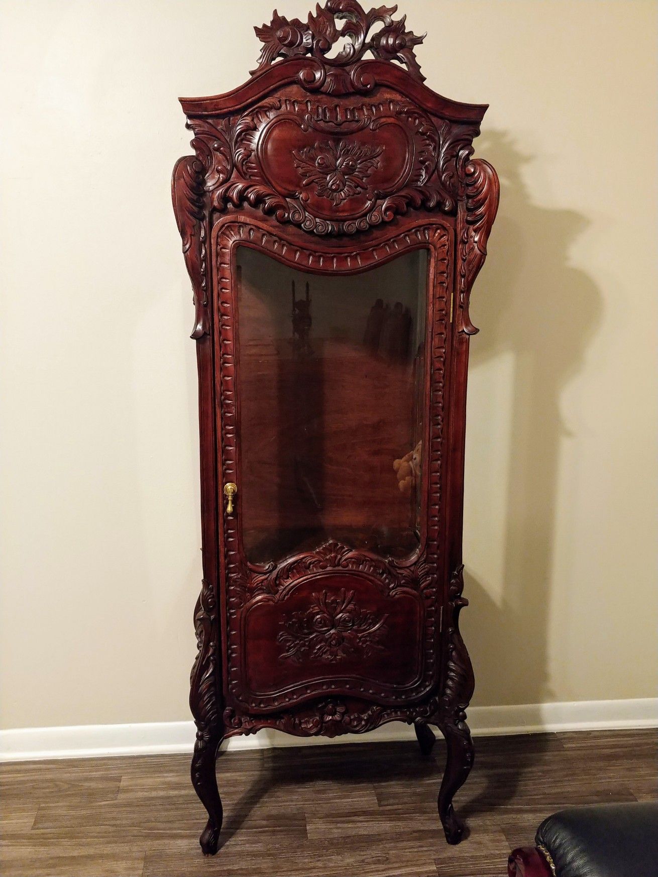 Antique Hand-Carved Wood Curio Cabinet