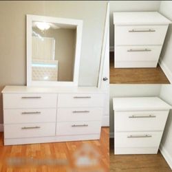 DRESSER WITH MIRROR AND TWO NIGHTSTANDS 