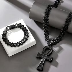 3-Pc Fully Iced Rhodium Plated Black CZ  Cuban Link Men Women Cross Pendant Necklace+Bracelet Set