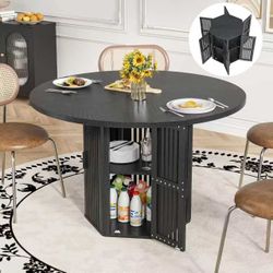 47" Round Dining Table with 6 Doors Storage, 2-Tier Black Wood Table for 4-6, Mid Century Modern