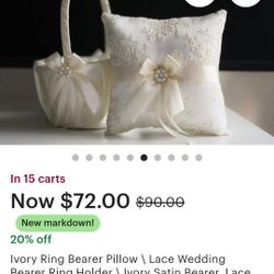 Ivory Satin Bearer, Lace Ring Pillow and flower petals basket.