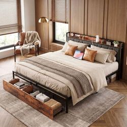 California King Size Bed Frame with 2 Drawers and Charging Station Platform Bed
