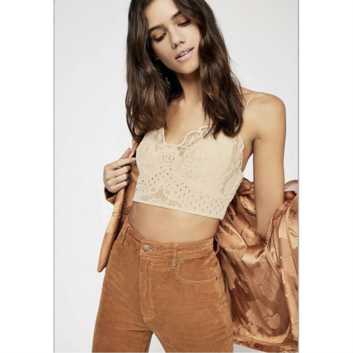 FREE PEOPLE ONE Beige Tan Boho Flocked Velvet Crochet Adella Strappy Bralette
