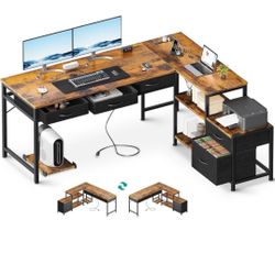 AODK L Shaped Computer Desk with Fabric Drawers and File Cabinet, 61" Reversible Home Office Workstation Desk with Power Outlets & Host Stand, Corner 