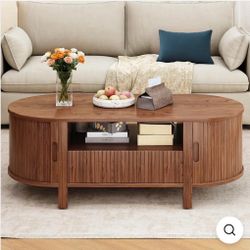 Oval Coffee Table, Living Room Table, 47 Inch Center Table with Storage, Sliding Door and Curved Edge