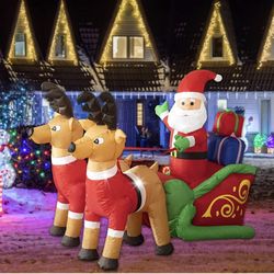5.9FT Long Christmas Inflatables Outdoor Decorations, Inflatable Santa Claus on Sleigh with Reindeer & Gift Boxes, Christmas Blow up Built-in LED Ligh