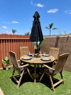 Patio Table Set Teak outdoor dining furniture with umbrella and cushions