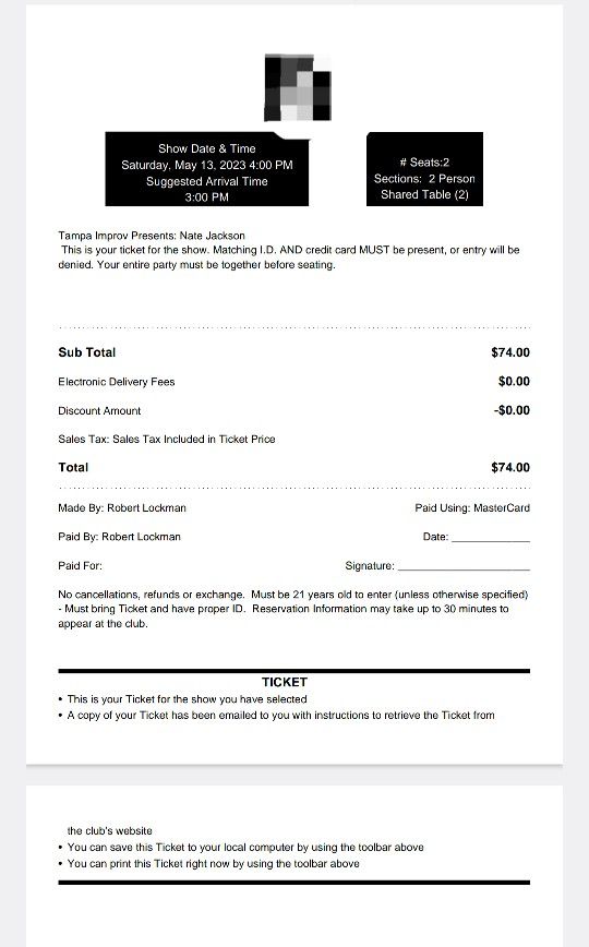 2 Tickets For Nate Jackson Tampa Improv May 13th 4pm