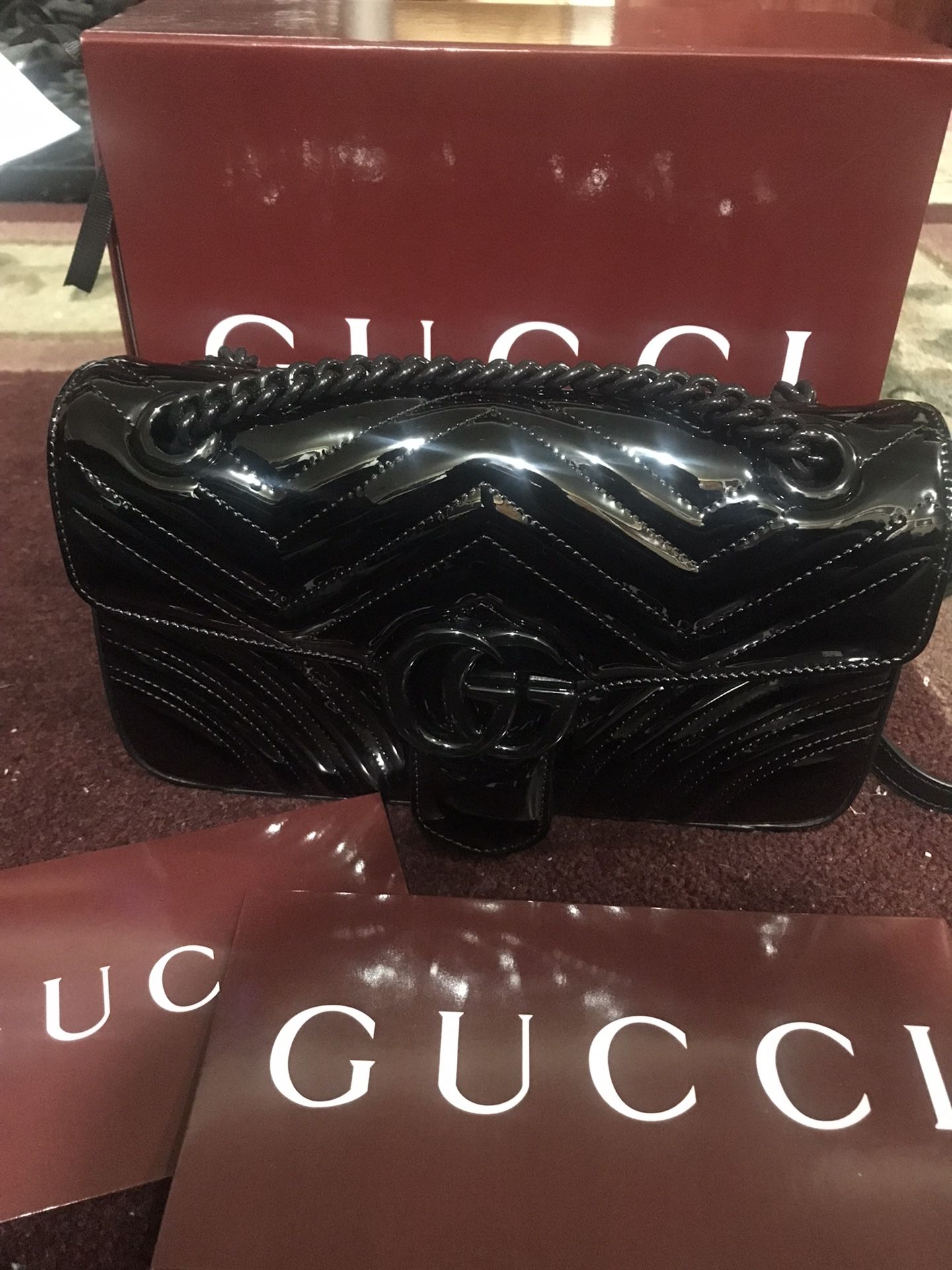 GUCCI Large Marmont Monochrome Black Patent Leather NIB