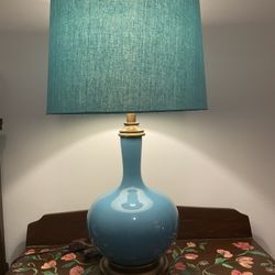 Turquoise Ceramic and Linen Shade Lamp