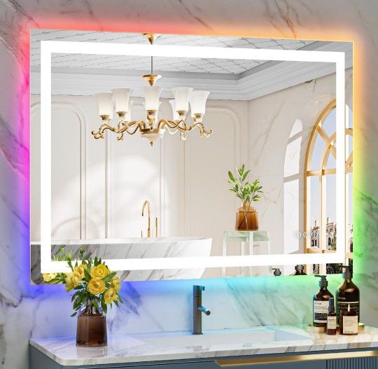 YEELAIT 44x32 Inch RGB LED Bathroom Mirror, Frontlit and RGB Backlit Bathroom Vanity Mirror, Wall Mounted, Dimmable, Anti-Fog, Shatterproof Memory, Wa