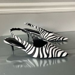 Zebra Print Pony Hair Slingback Kitten Heels Pointed Toe Pumps EU 39 US 8.5