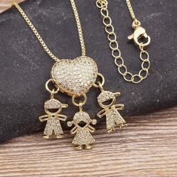 2 Boys & 1 girl  Pendant Necklace Gold Plated With CZ/16+2" Extended