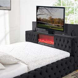 NEW FUTURE VELVET BED WITH MATTRESS including Bluetooth speaker 55 inch TV stand built-in fireplace