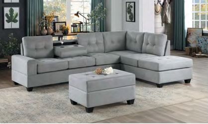 Grey Fabric Sectional with Cupholders!