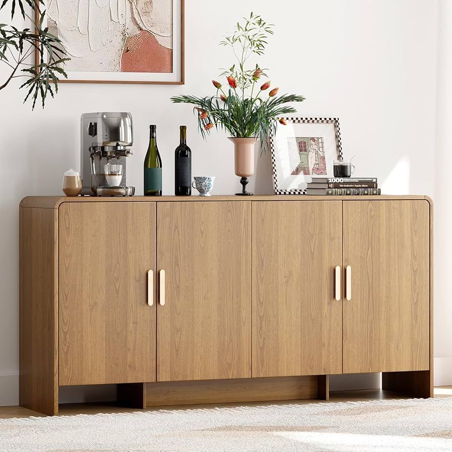 60" Sideboard Buffet Cabinet with Storage, Curved Design Farmhouse Coffee Bar Cabinet with 4 Doors & Adjustable Shelves for Living Room, Kitchen, Hall