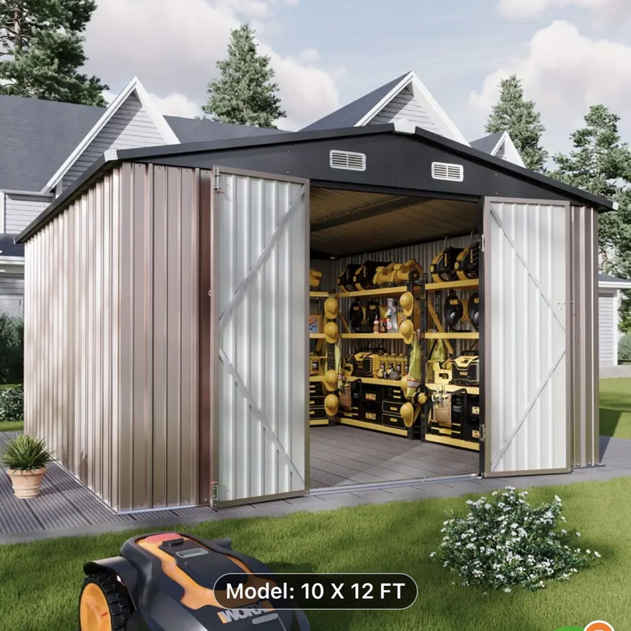 10’x12’ $450!!! $20 refundable to hold, no more than 2 days! Brown Metal Storage Shed.