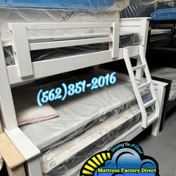 Twin Full White Bunk Bed With Mattresses New 